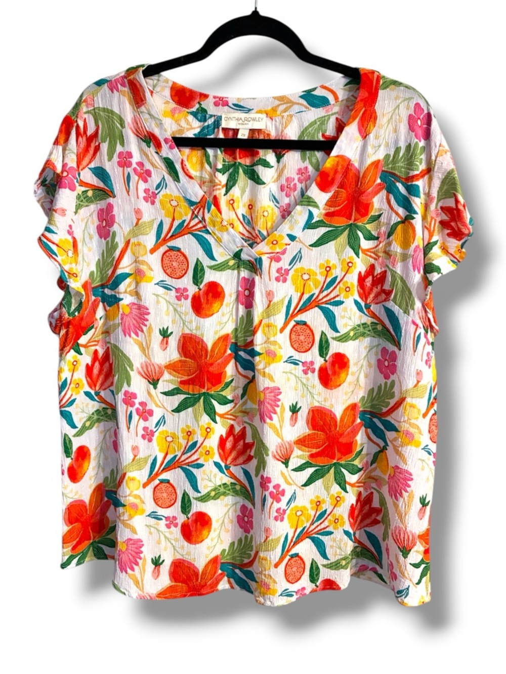 🌺 Cynthia Rowley 2X Floral Fruit Print Blouse Lightweight V Neck Top